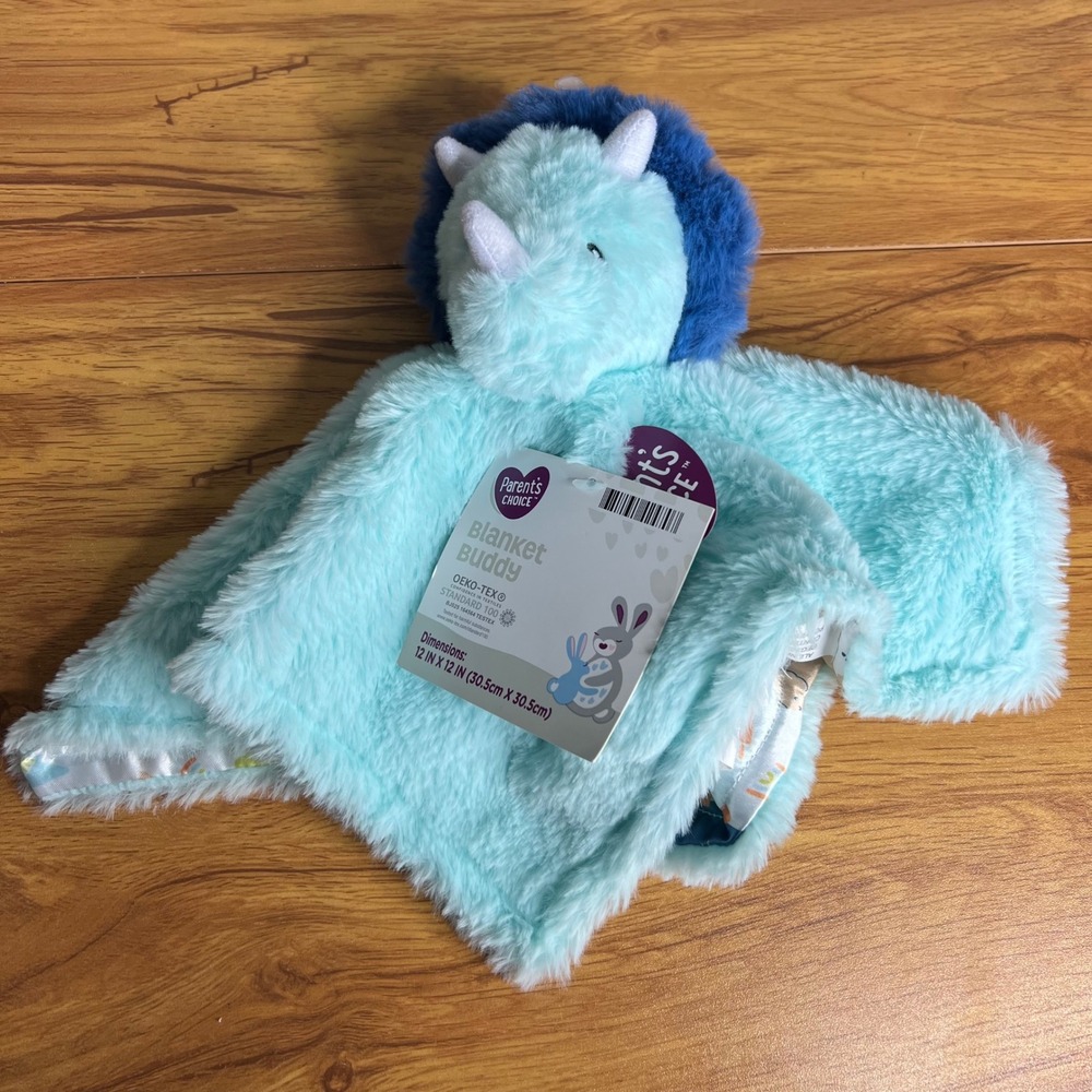 Parent's Choice Blanket Buddy 12x12 Blue Triceratops Dinosaur Plush Lovey NWT